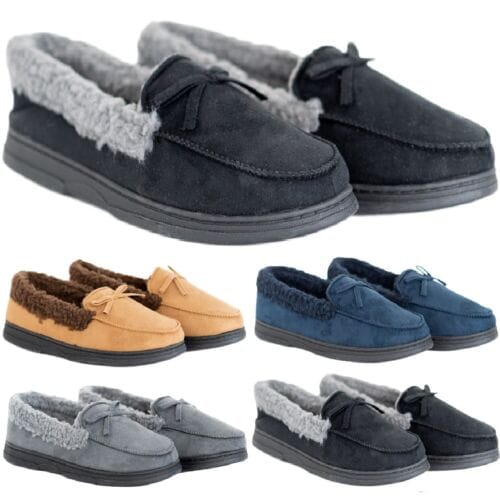 MENS MOCCASIN INDOOR FAUX FUR LINED LIGHT WEIGHT HARD SOLE WARM COMFY ...