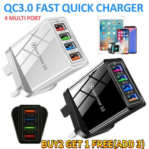 4 Multi-Port Fast Quick Charge USB Hub Mains UK Plug Adapter Wall Char...